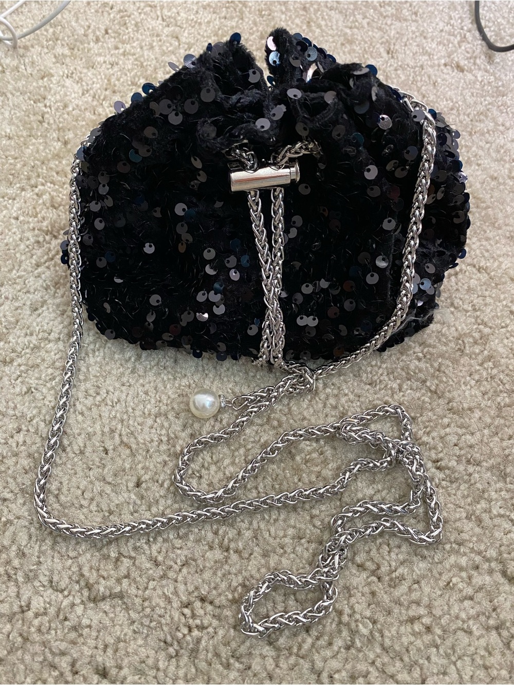 Black Sequin Drawstring Wristlet with Silver Chain and Pearl Accent
